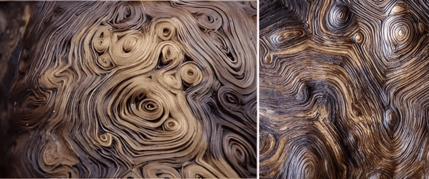Close-up of weathered wood grain with swirling, concentric growth rings and rich brown tones