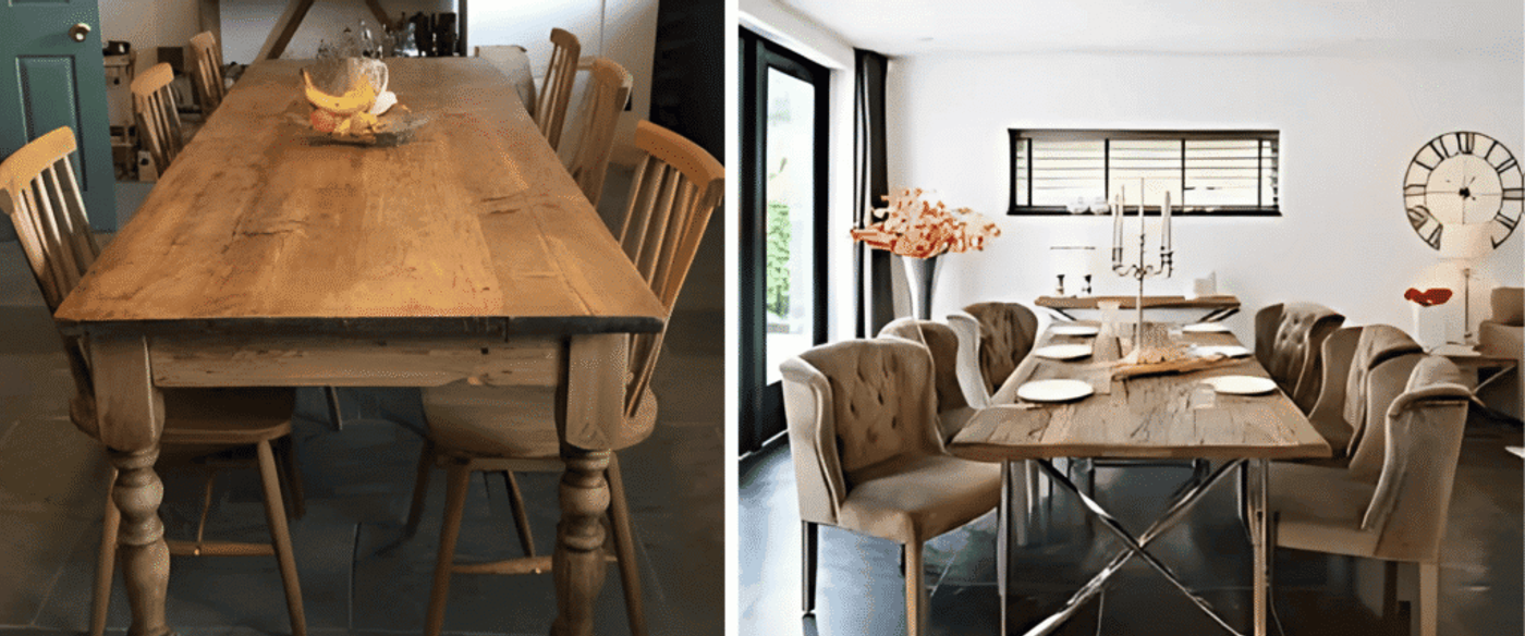 Warm, modern dining room with tufted velvet chairs around a wooden table, tall windows, candles, and large wall clock.