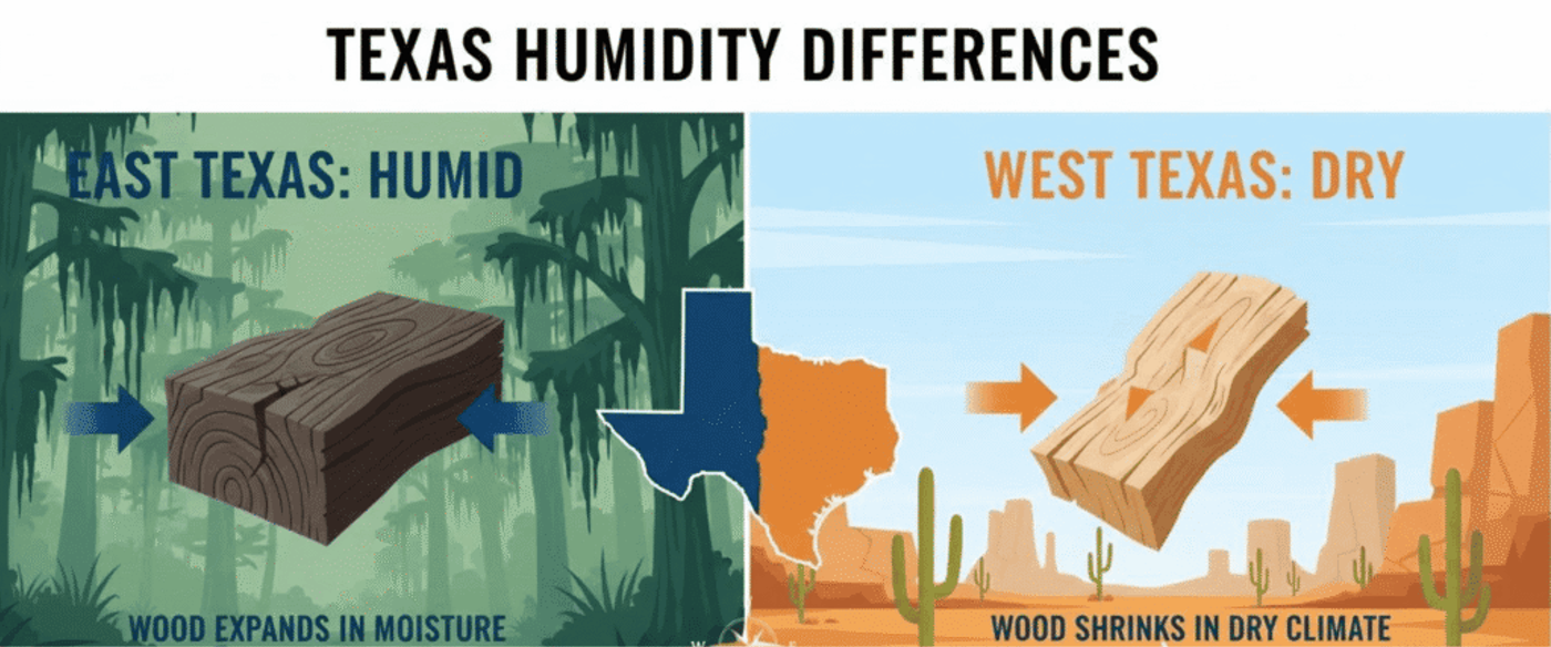 showing Texas humidity differences: humid East Texas vs dry West Texas; wood expanding in moisture and shrinking in dry climate