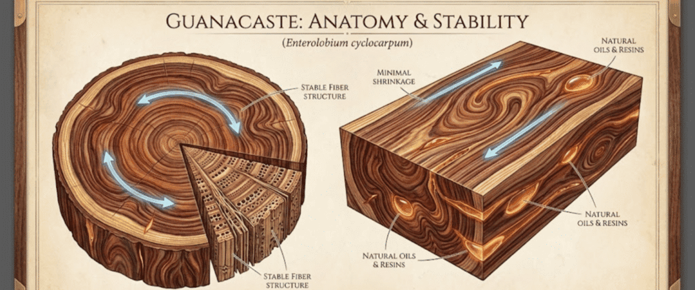 Cross-section and block diagrams of guanacaste wood showing growth rings, stable fiber structure, minimal shrinkage, and pockets of natural oils and resins