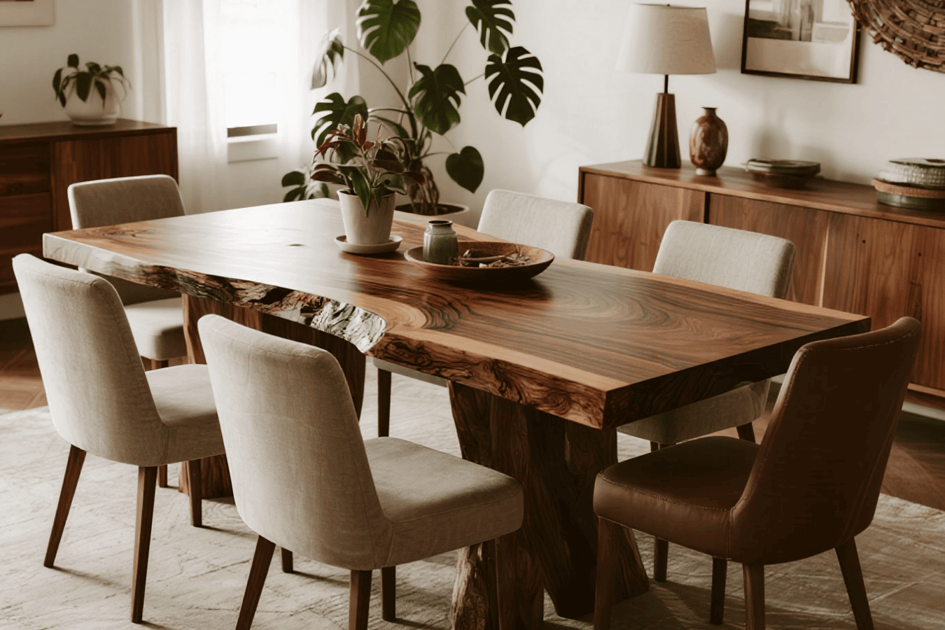 Sunlit dining room with a live-edge wooden table, six mixed fabric and leather chairs, plants and warm wood decor.
