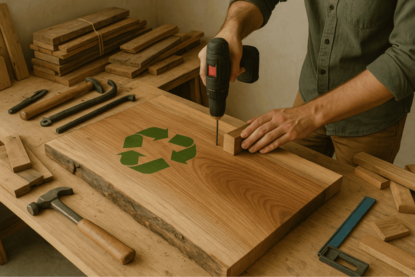 Woodworking with focus on sustainability, featuring a recycling symbol on wood to highlight eco-friendly practices.