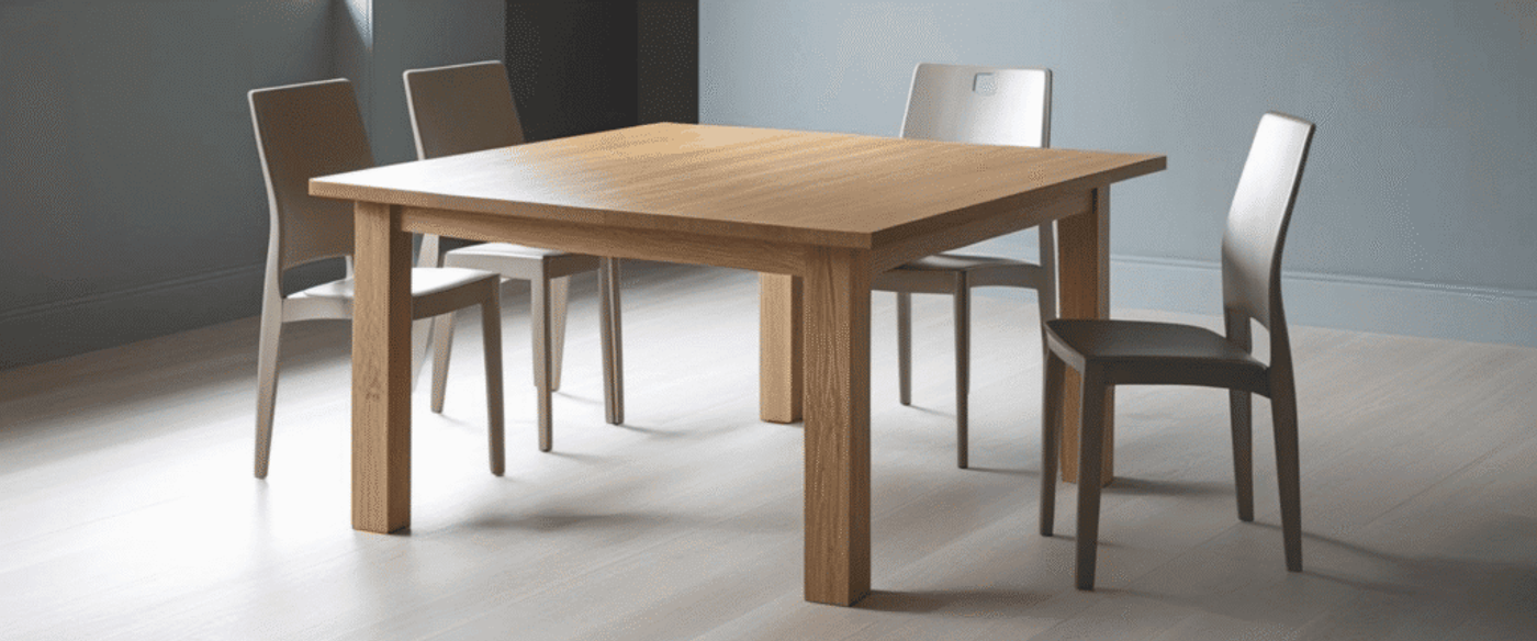 Wooden dining table with four modern chairs in a minimalistic room setting.