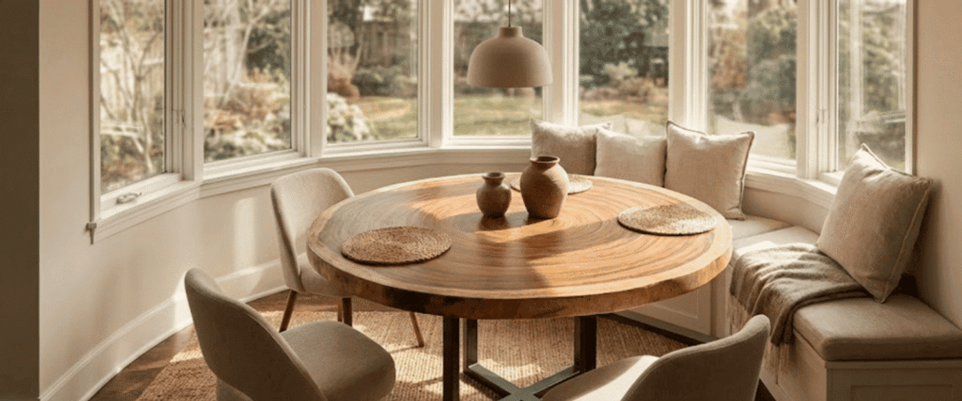 Sunlit breakfast nook with a round wooden table, woven placemats, neutral chairs and cushioned window bench under large curved windows