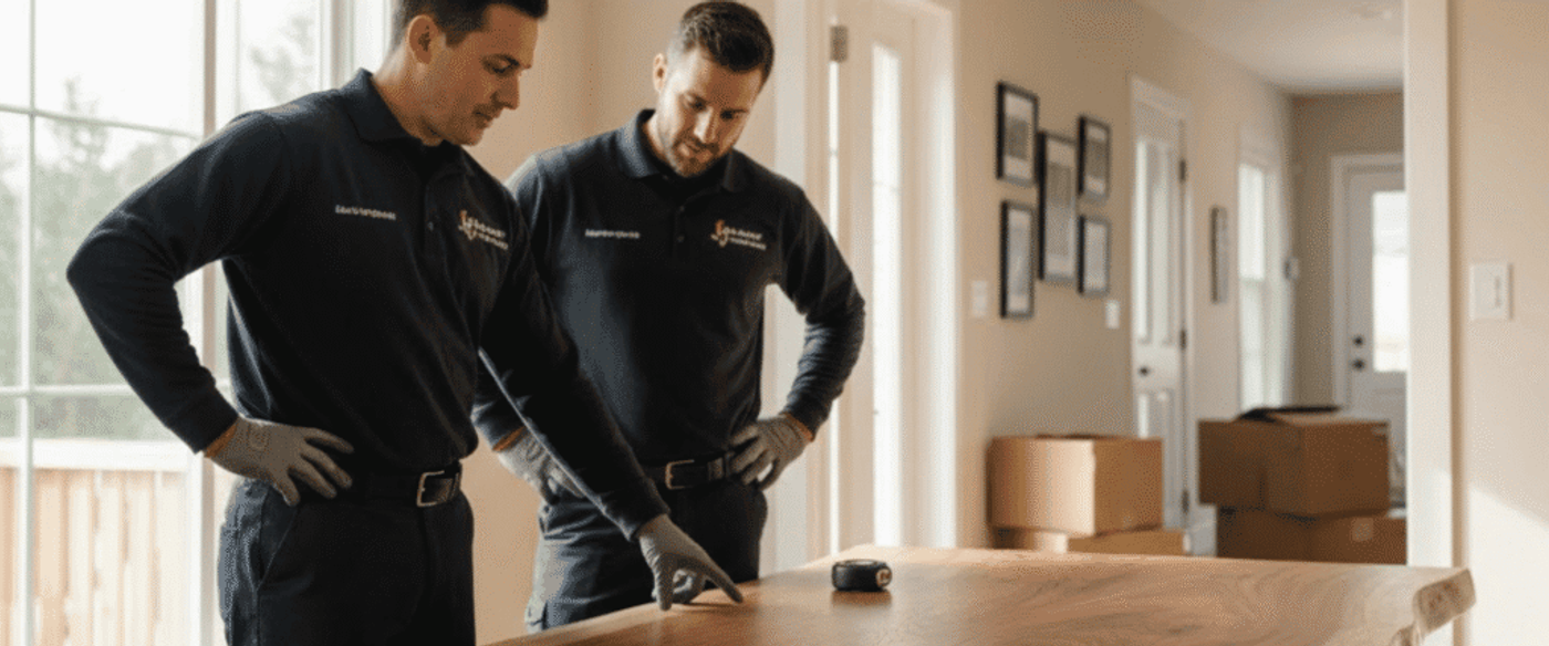 Two workers examine a large live-edge wooden dining table in a sunlit room with moving boxes and framed photos on the wall