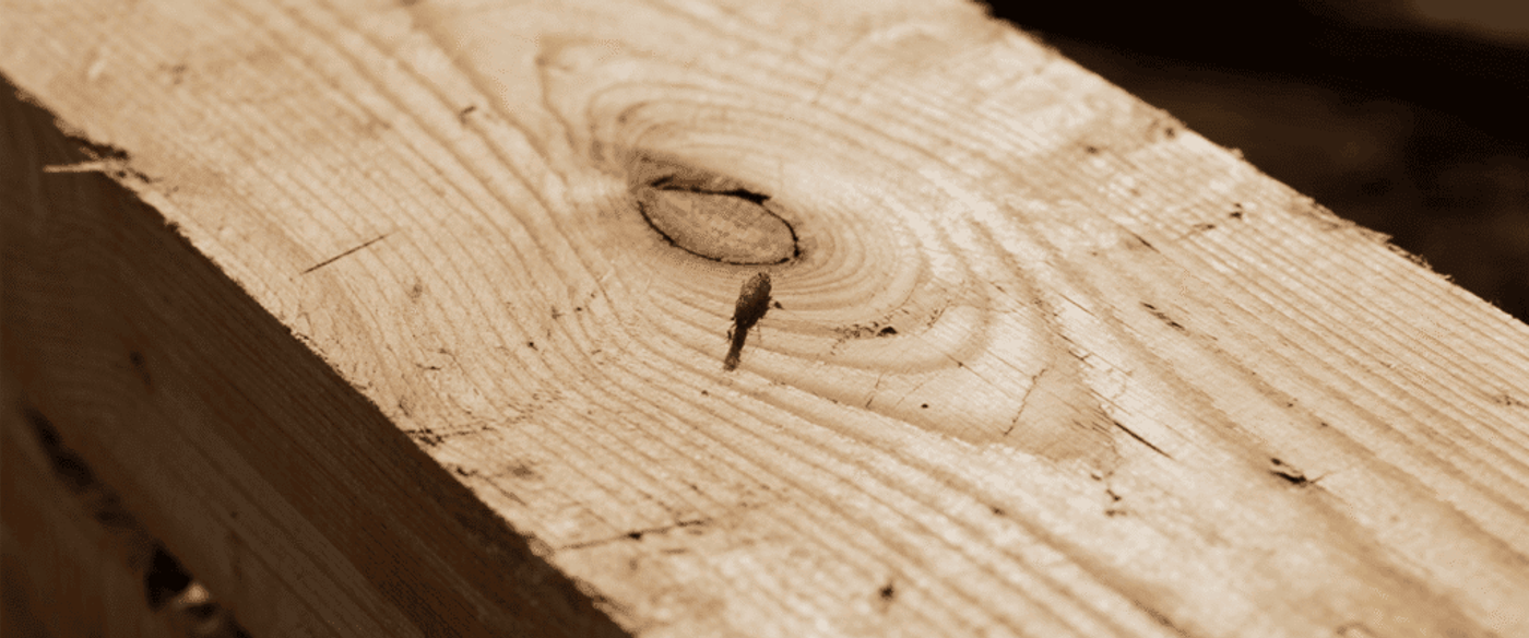 A close-up of a rough wooden beam with visible grain, knots and a single rusty nail partially driven into the surface.