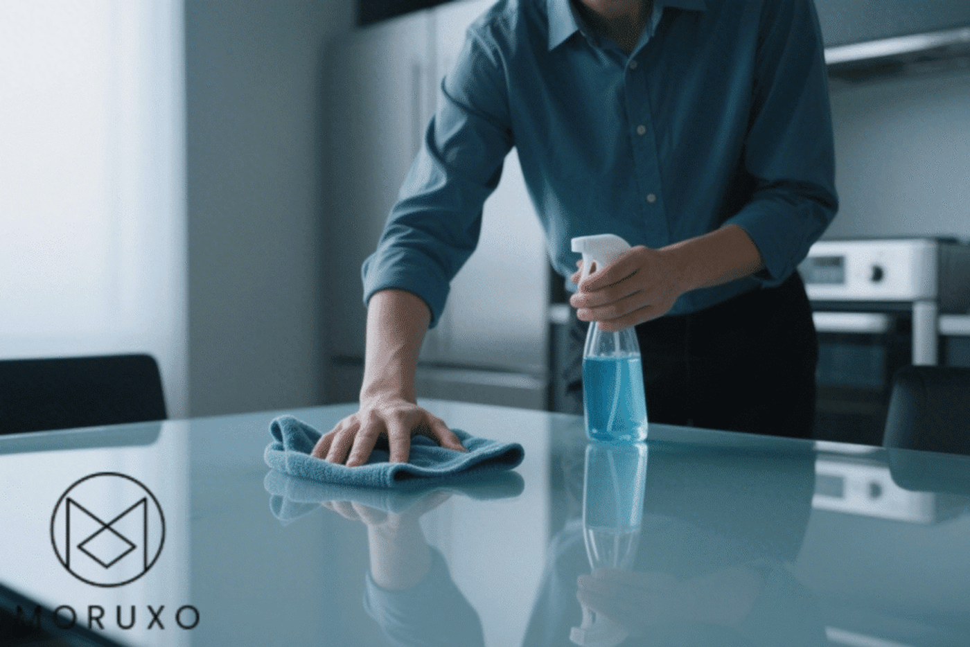 Clean surface with spray and cloth. Moruxo logo visible.