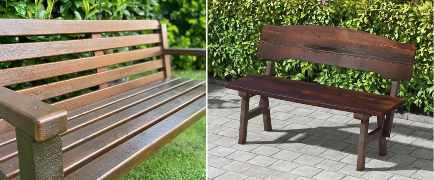 dark-wooden-garden-bench-with-slatted-seat-and-backrest-shown-close-up-and-full-view-on-paved-ground