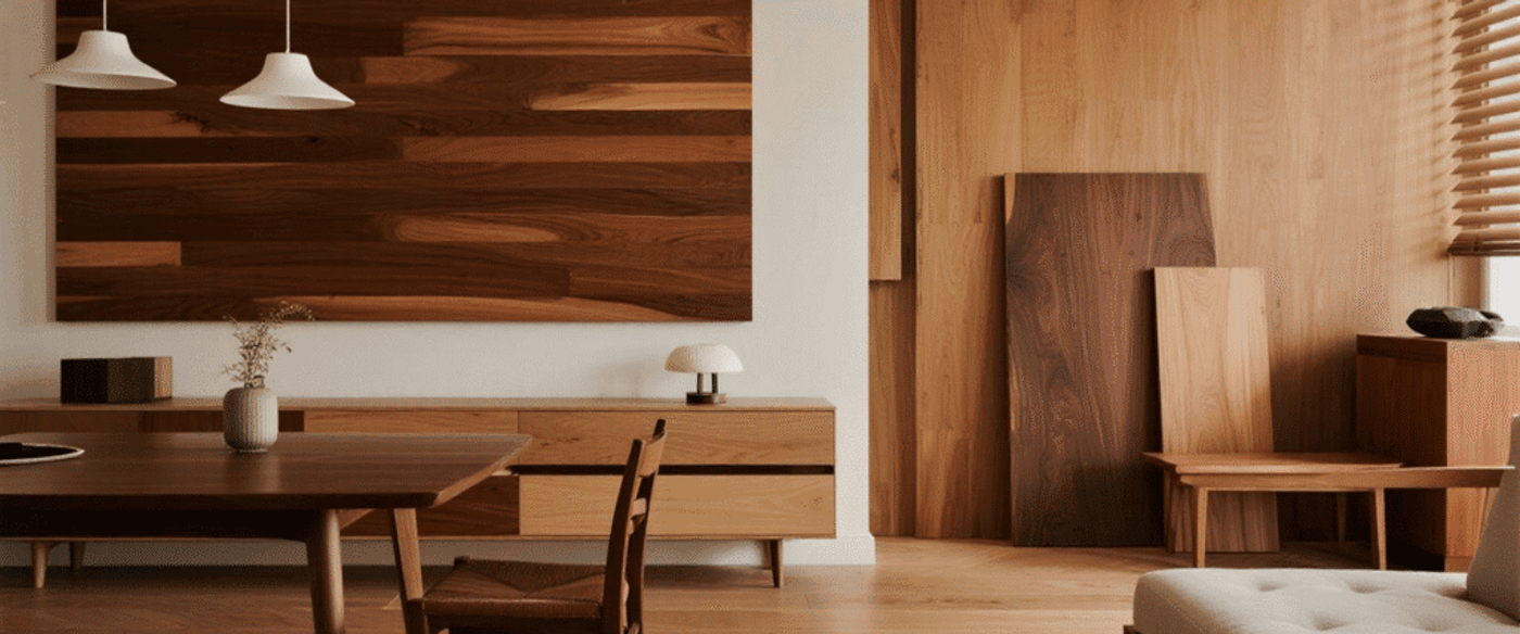 Minimal dining room with mixed wood tones, pendant lights, and cozy neutral furnishings