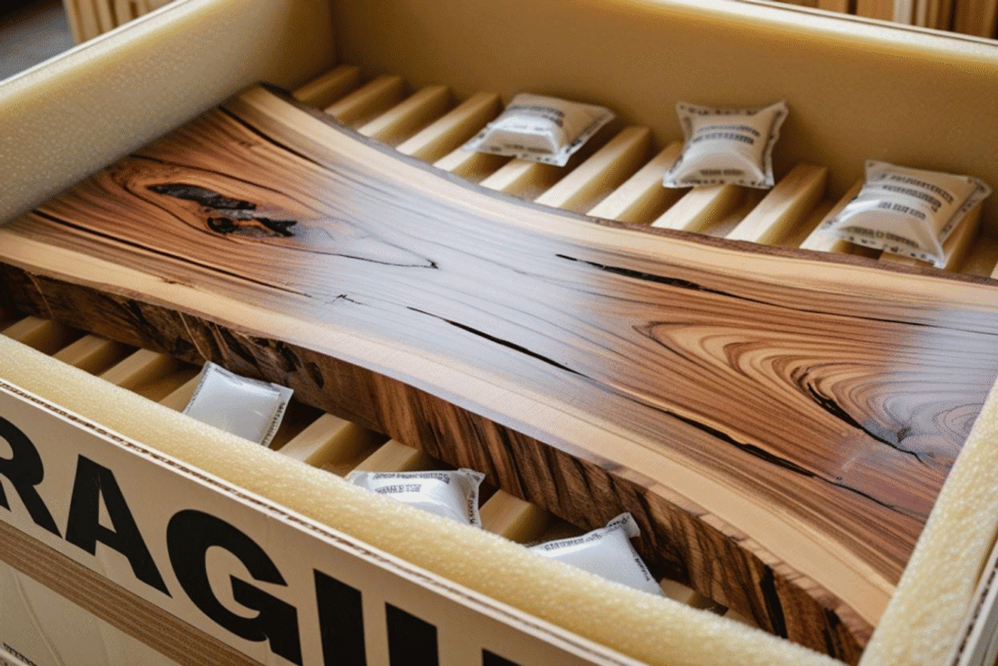 Live edge wood slab securely packed inside a foam-lined wooden crate with desiccant packs for moisture control, labeled fragile.