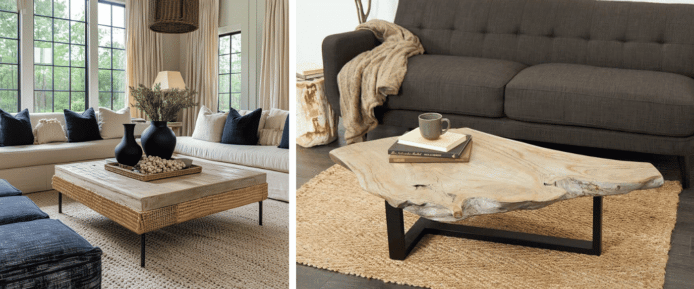 Cozy living room with neutral sofas, navy pillows, woven coffee table, black vases, greenery, and large grid windows
