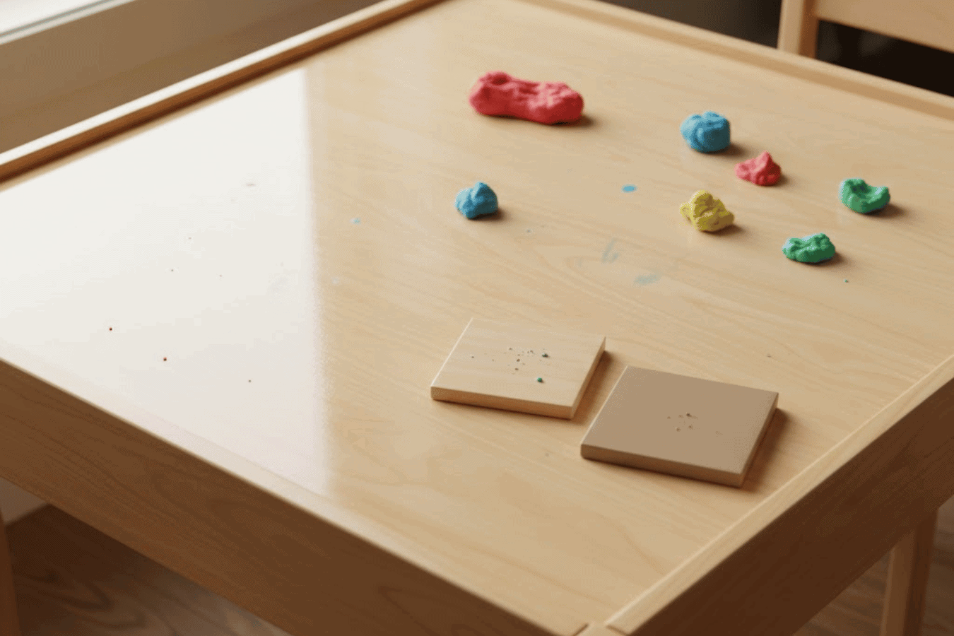 Child's wooden play table by a window with colorful clay pieces and two small wooden tiles scattered on the surface