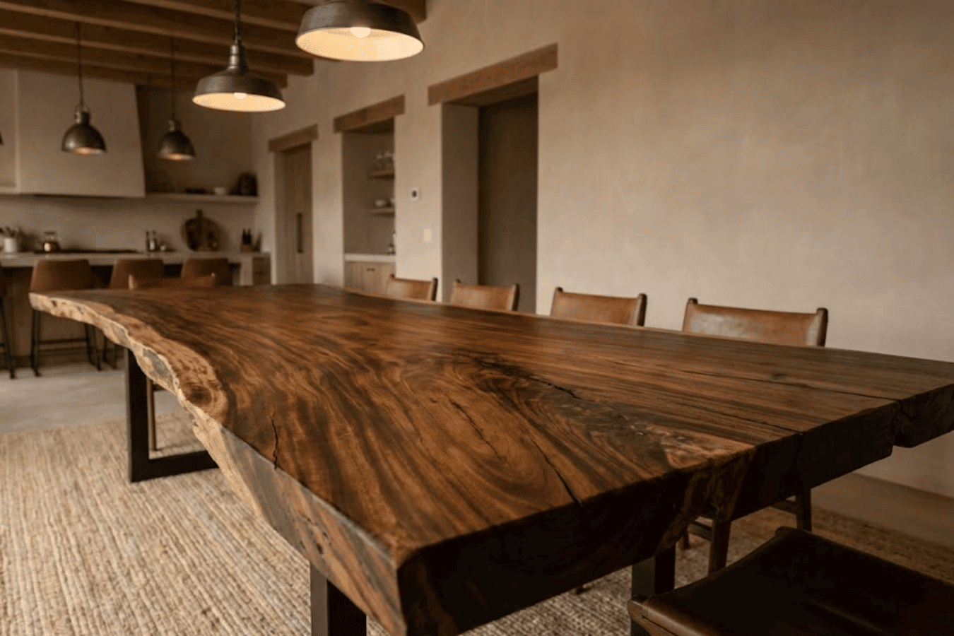 Live-edge walnut dining table with leather chairs in a warm, minimalist kitchen, pendant lights and textured rug