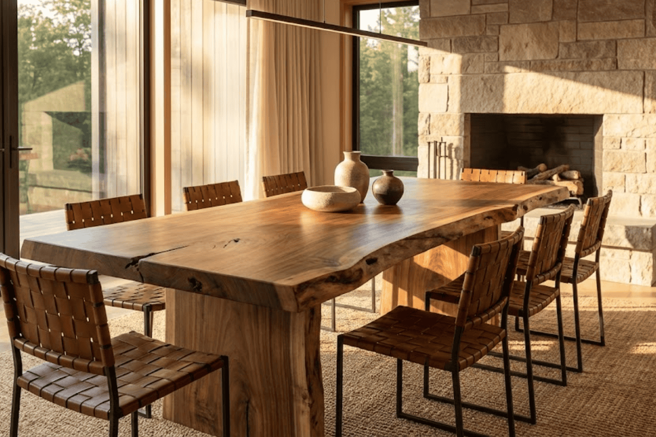 Sunlit dining room with a live-edge wooden table, woven leather chairs, stone fireplace, and large glass doors opening to trees