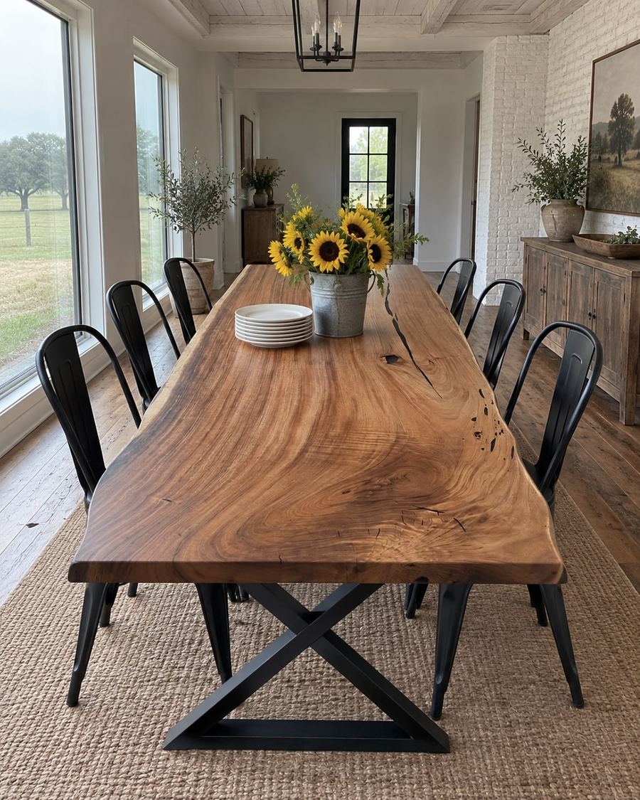 Rendering of the Giana Octavia slab as a dining table with Modern X Legs in a modern farmhouse home