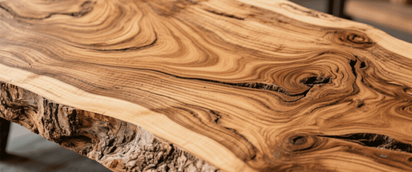 Live-edge wood slab table with swirling grain patterns and natural bark edge