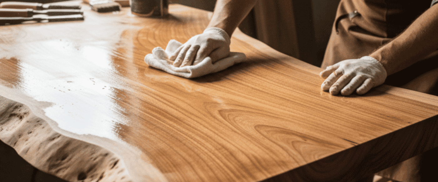 Woodworker wearing gloves and apron polishing a live-edge wooden table in a sunlit workshop, finishing smooth grain.