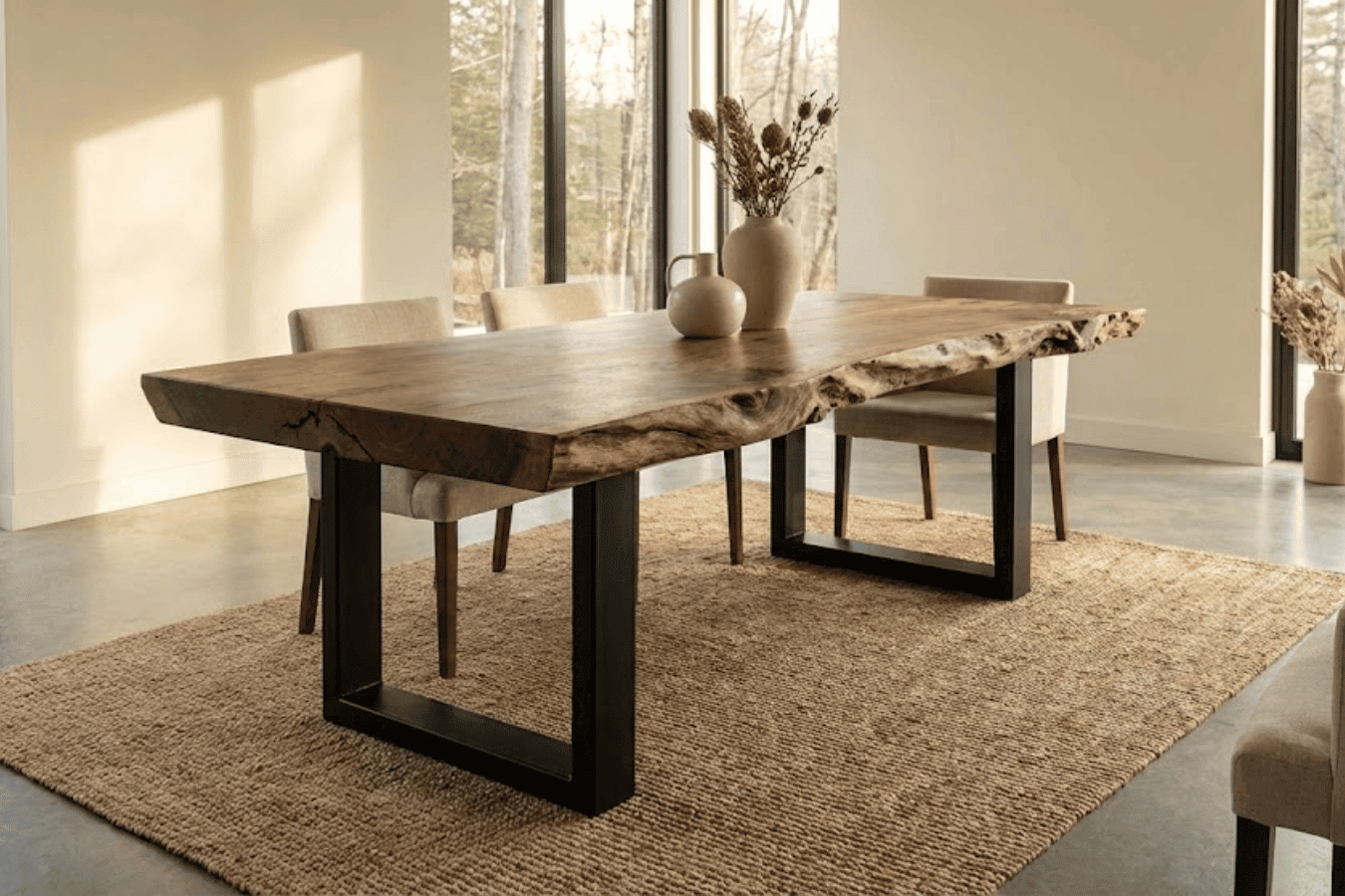 Live-edge wooden dining table with black metal legs, neutral chairs, textured rug, and vases in a sunlit modern dining room