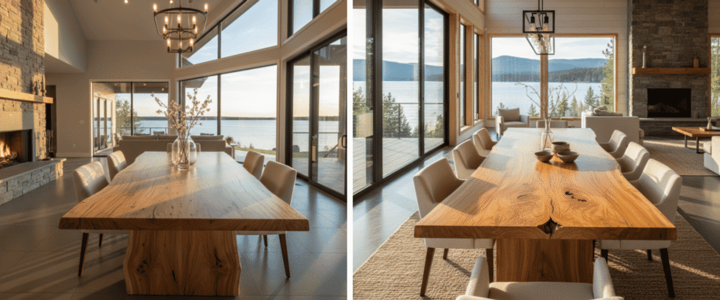 Beautiful live edge table made from hardwood like teak or white oak, natural edges, rich grain patterns, placed inside a luxury lake house