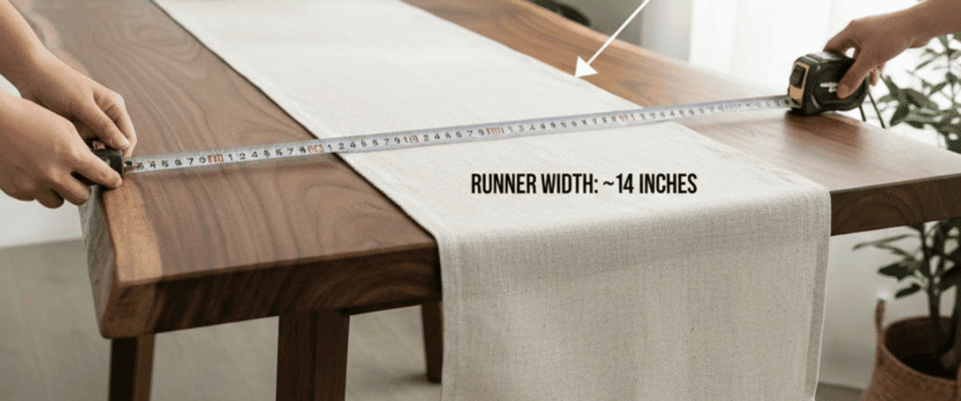 Tabletop with beige linen runner measured across width and 6-inch overhang, hands holding a tape measure