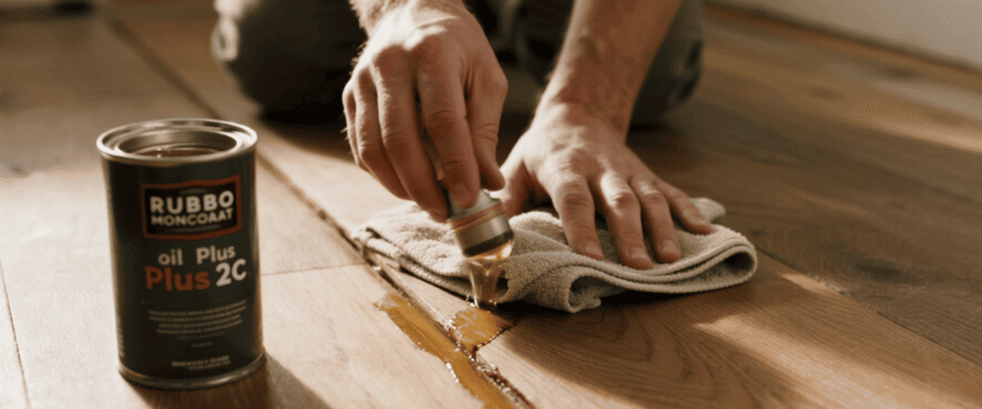 Rubio Monocoat Oil Plus 2C with a lint-free cloth to a small scratch on a wooden floor. Close-up of hands