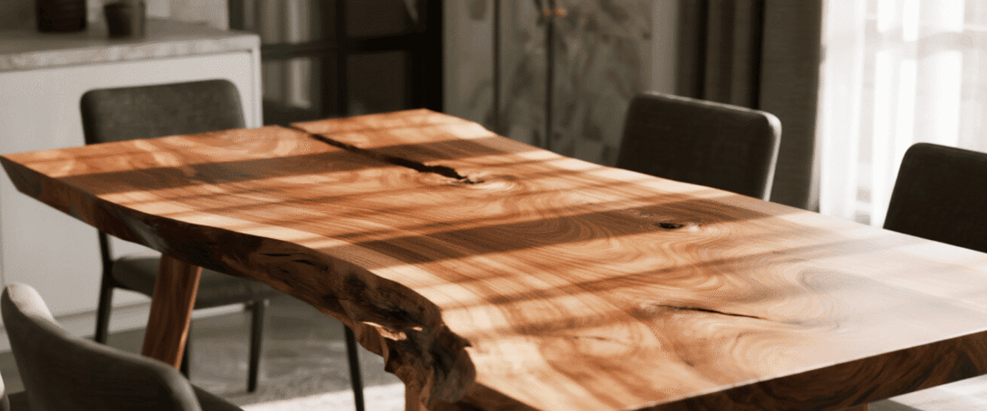 live-edge wooden tabletop showing pronounced warping and twisting, one side lifted higher than the other, visible uneven surface