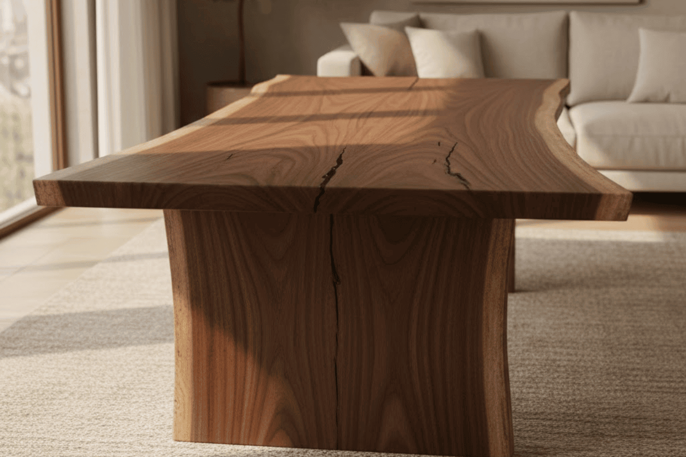 Rustic walnut live-edge dining table with natural cracks, set in a sunlit modern living room with sofa and plant