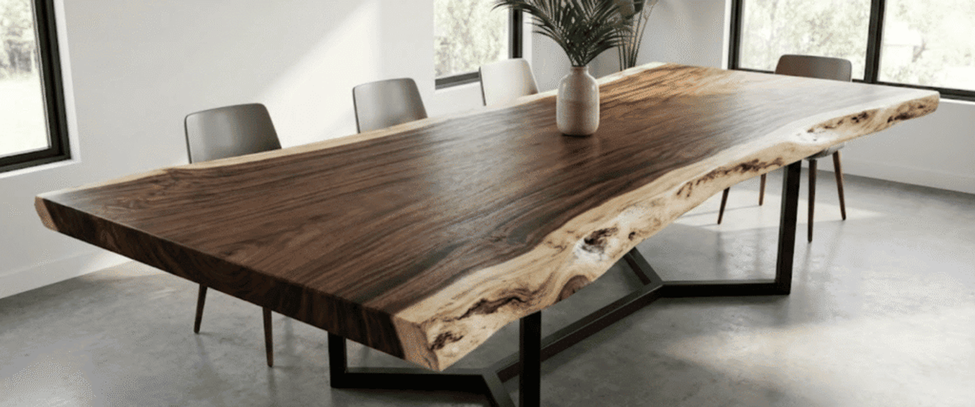 Live-edge walnut dining table with metal legs, modern chairs around it, vase with greenery on top, bright minimal room