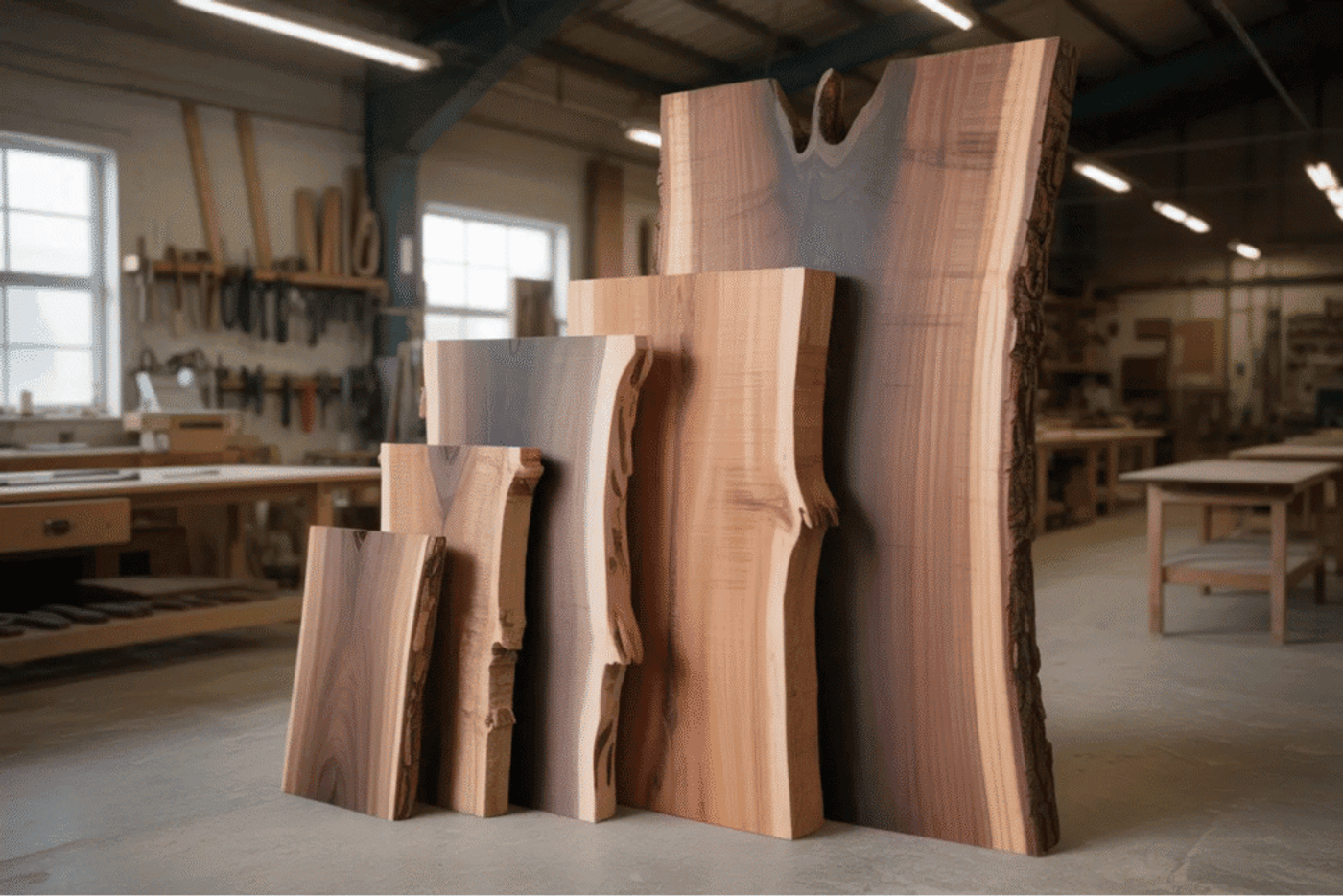 Wood slabs of varying sizes with natural edges displayed in a woodworking shop.