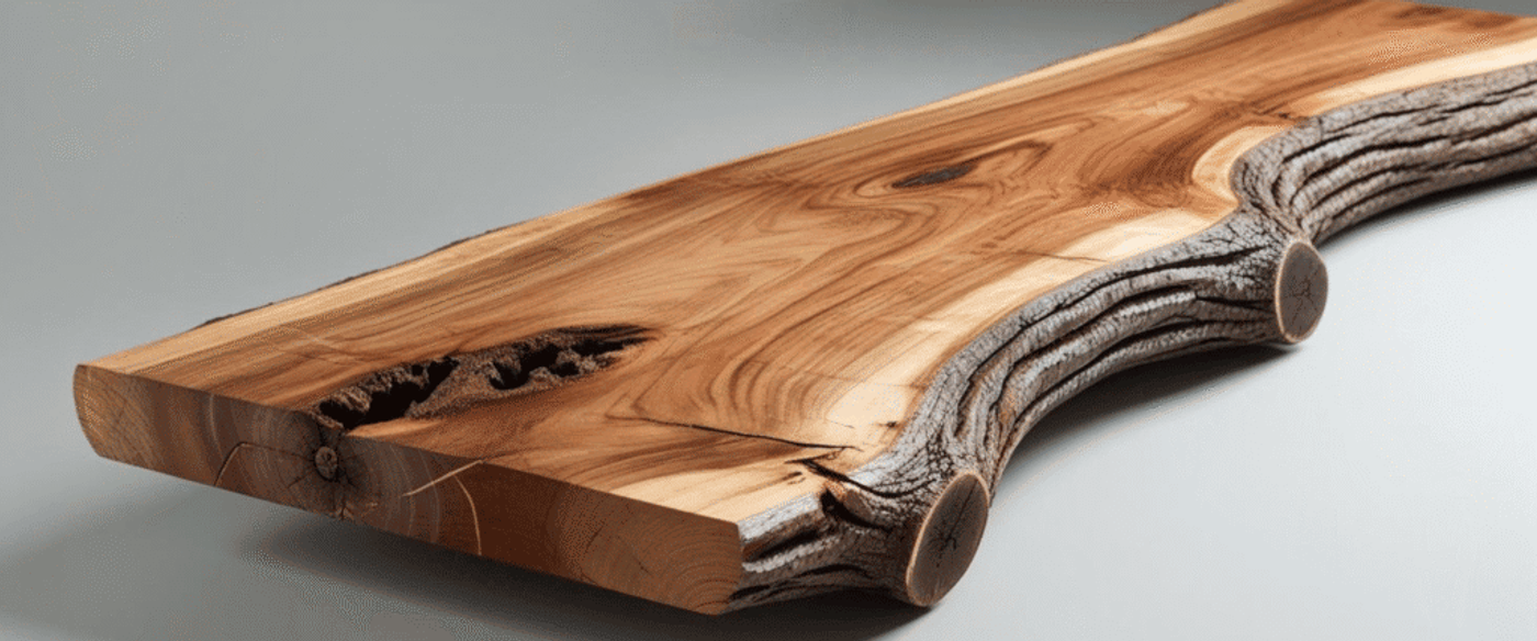 Wooden slab with natural edges, showing grain patterns and knots, polished surface.