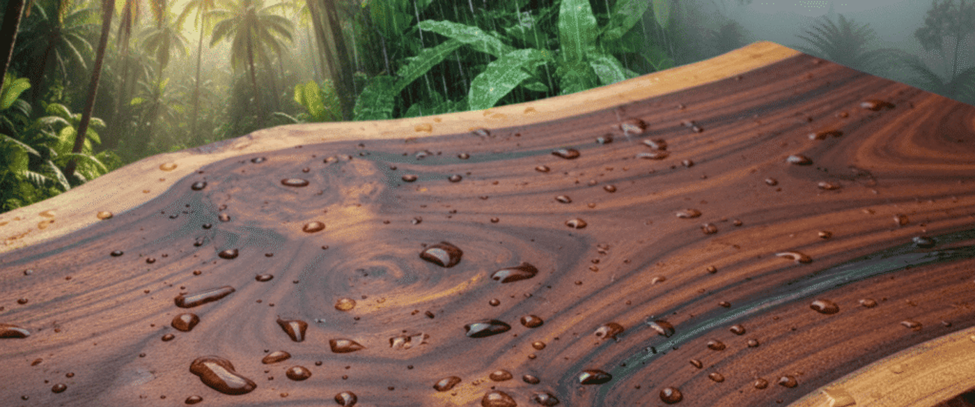 Wet wooden slab with water droplets in a lush tropical rainforest; sunlight breaks through palm trees