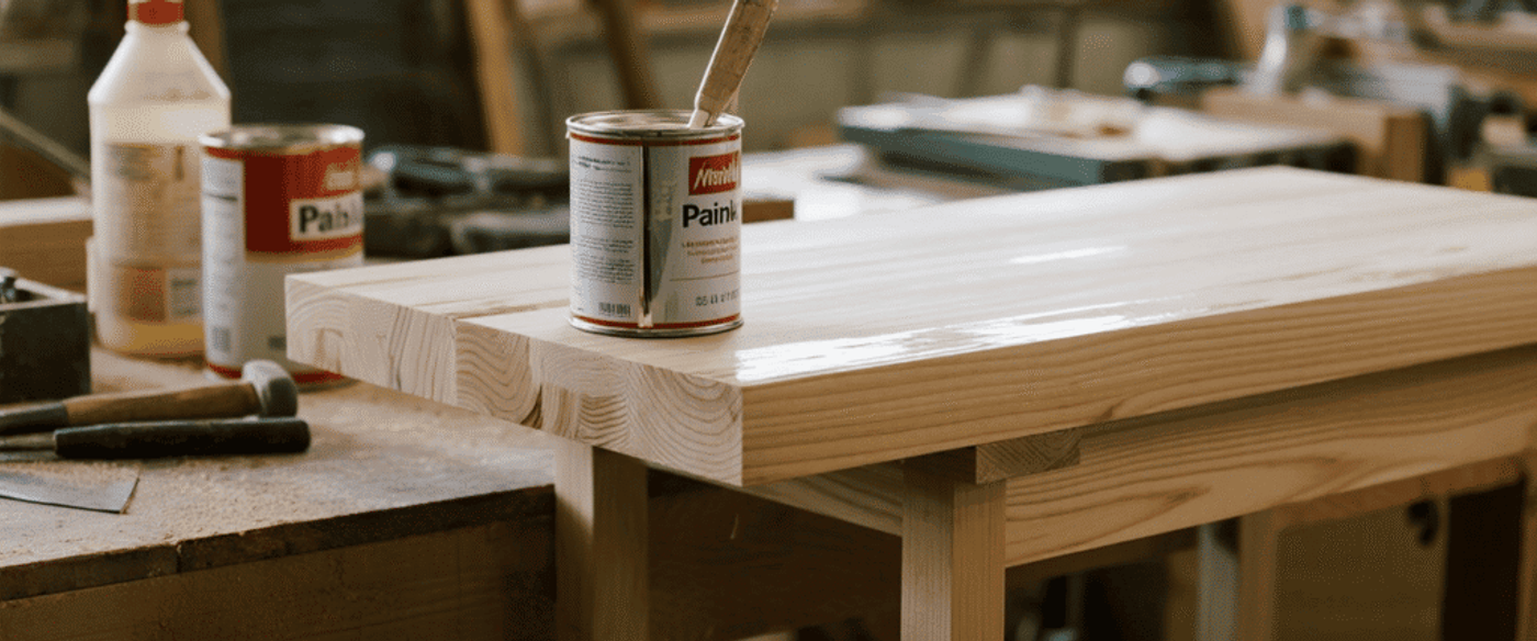 Wood workshop bench with varnished pine tabletop, open paint can and brush, glue bottle and tools in background.