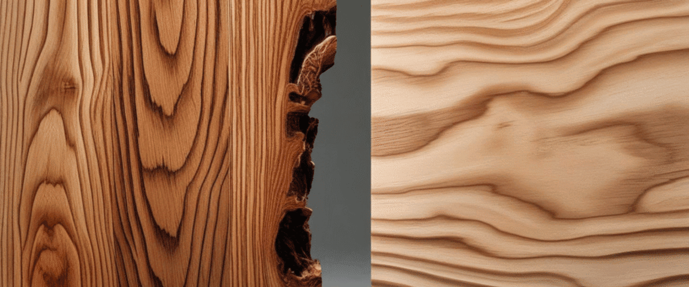 Wood grain patterns showing natural texture and growth rings; left side features rough, aged wood with dark edges, right side smooth, polished wood with soft, flowing lines.