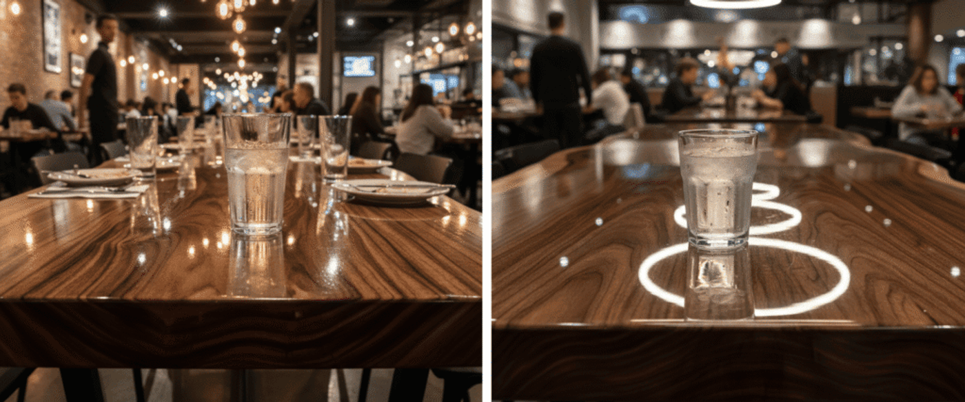 Glass of water centered on a polished wooden table in a busy, warmly lit restaurant with diners and hanging lights in background