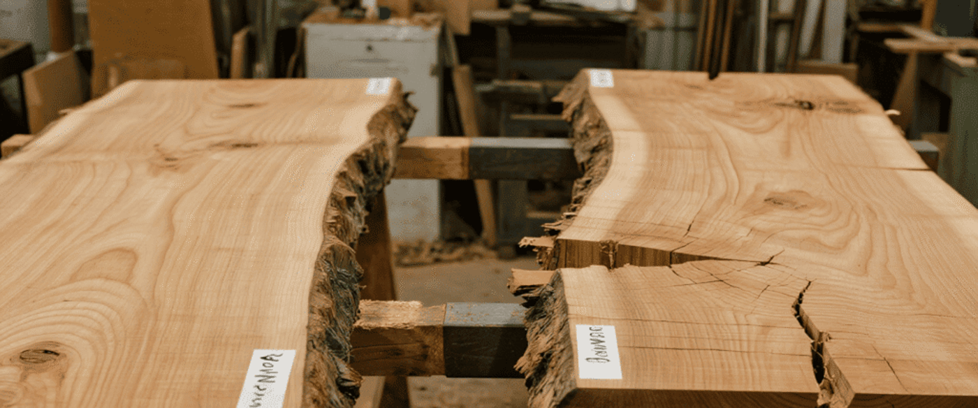 side-by-side comparison image showing stable wood vs warped/cracked wood. On one side, a perfectly flat Guanacaste slab