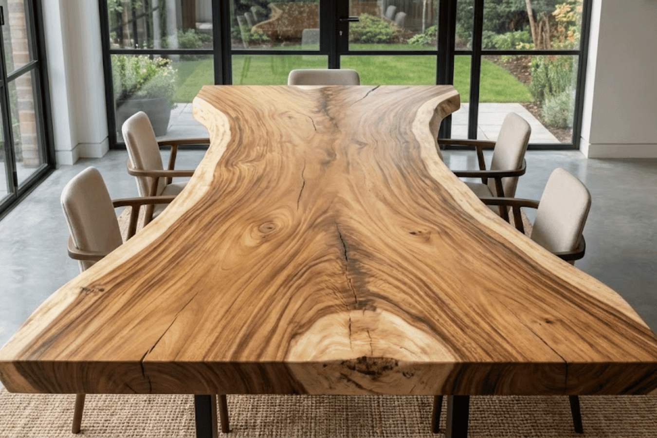 Live-edge wooden dining table with natural grain and six beige chairs in a bright room with floor-to-ceiling windows and garden view
