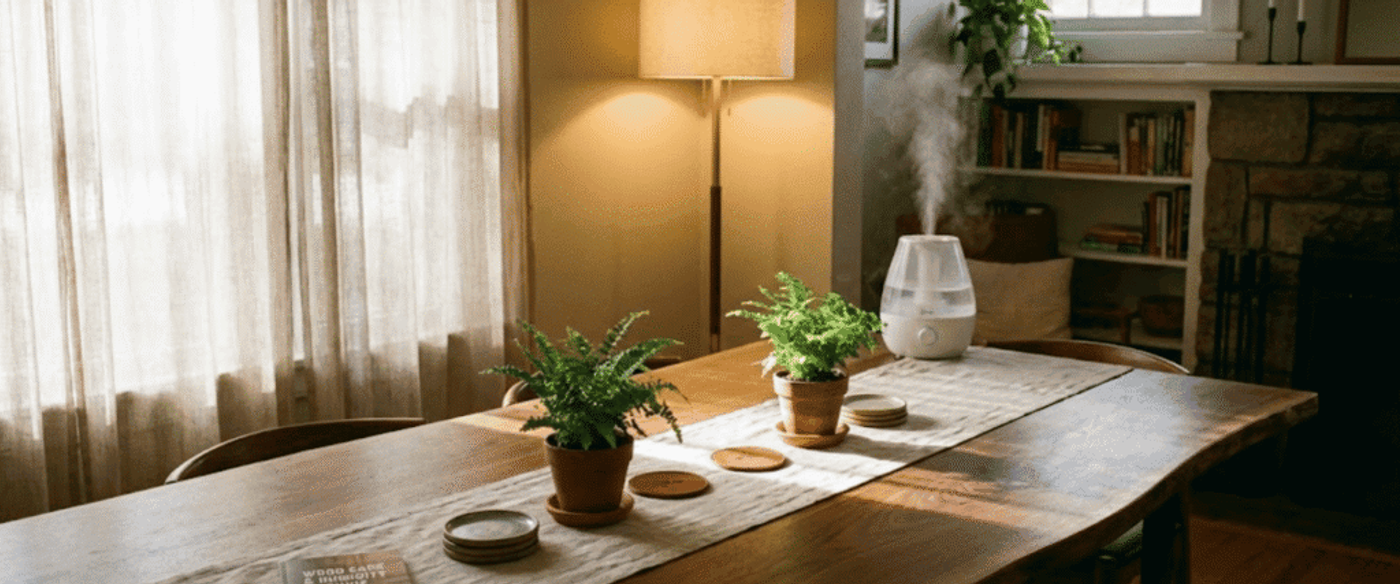 Sunlit dining table with potted ferns, coasters, a humidifier releasing steam, and bookshelves by a cozy fireplace