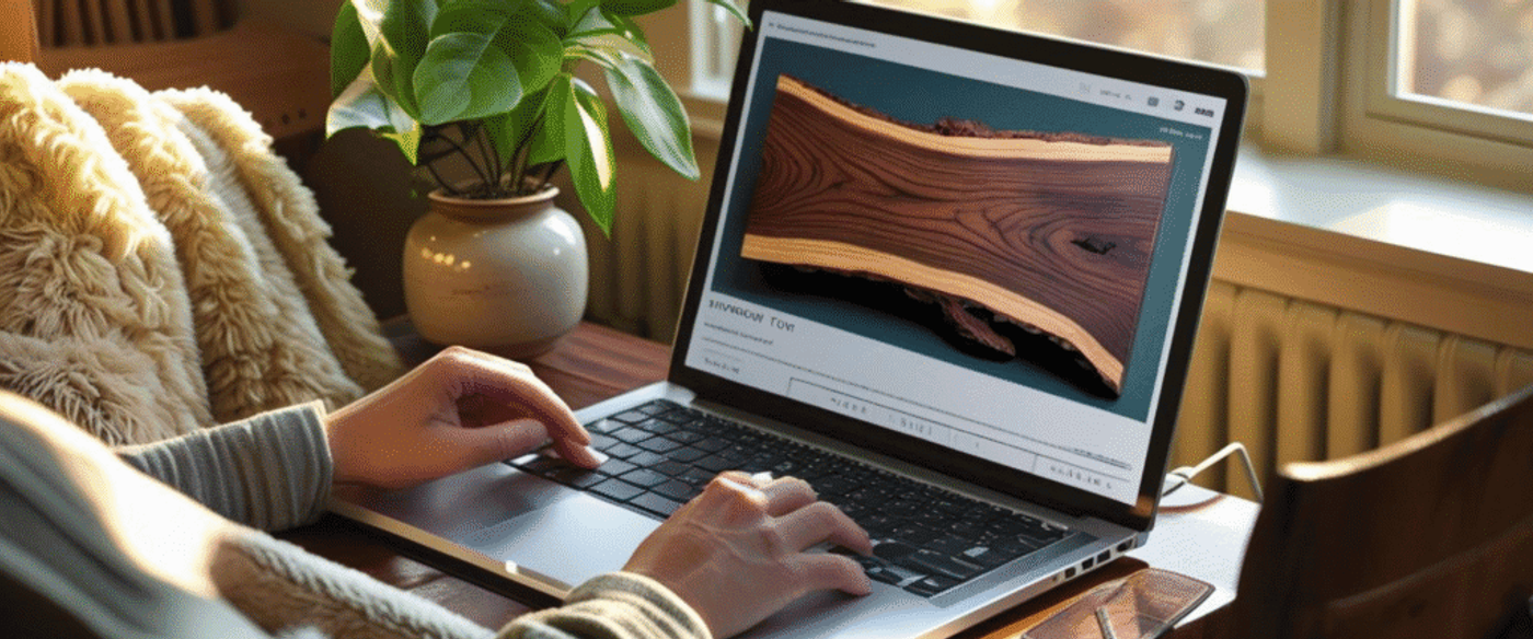 Person browsing wood furniture designs on a laptop at a cozy desk near a window with natural light.