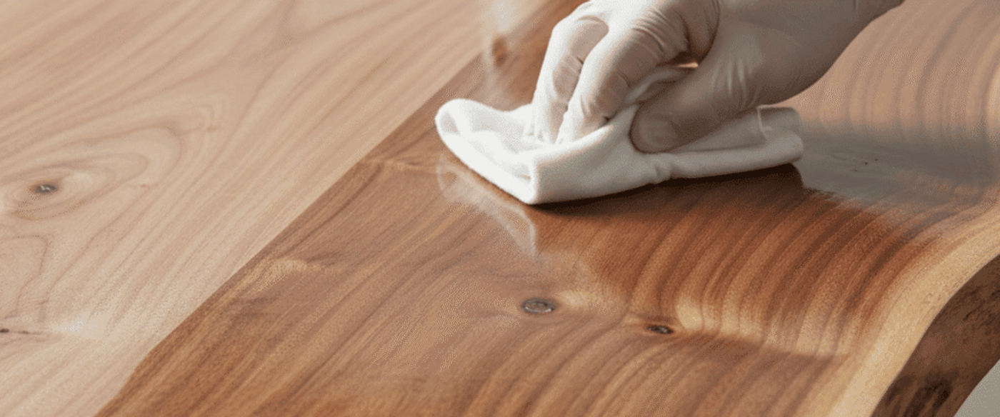 Hand in glove wiping oil finish onto a smooth live-edge walnut tabletop with a white cloth, restoring wood grain and shine.