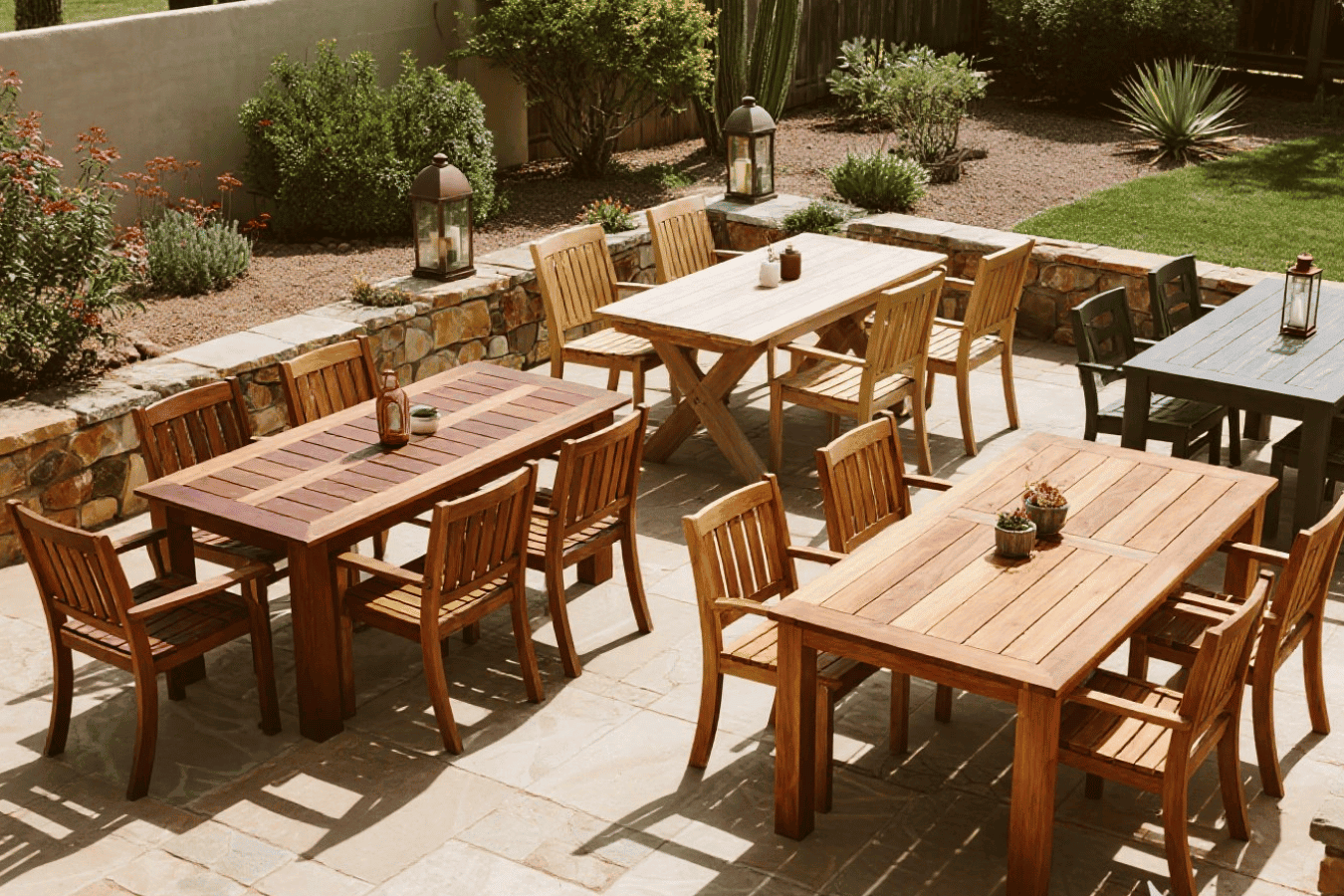 outdoor dining sets, each crafted from walnut, parota, oak, maple, teak.