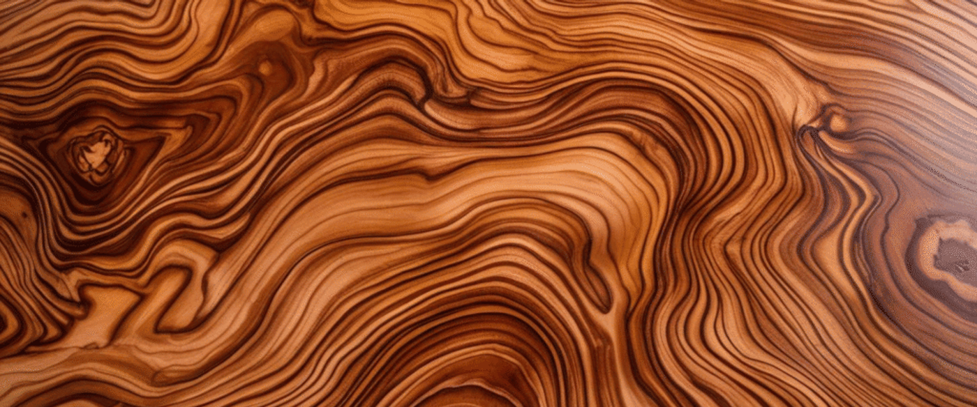 lose-up view of a polished wooden surface showing intricate swirling grain patterns in warm brown tones, resembling natural waves in the wood.