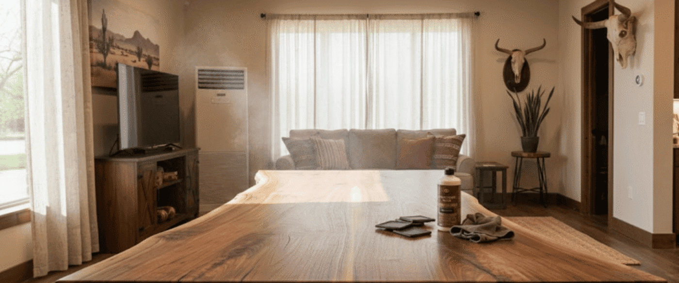 Rustic live-edge walnut dining table centered in a sunlit living room with sofa, TV, skull wall mounts, plant, and wood-finish floors