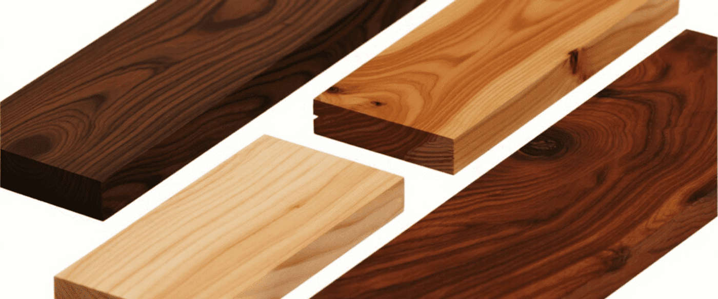 Four rectangular wooden planks with varied grains and tones—light maple, warm oak, and two darker walnut pieces—arranged on a white background.