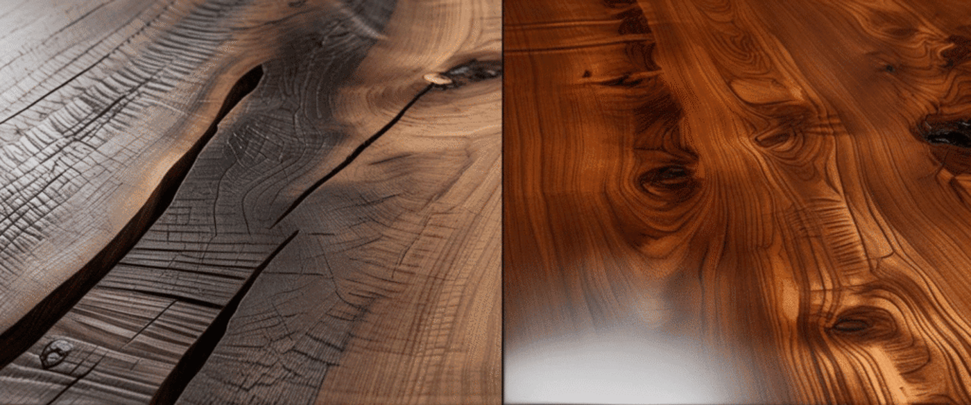 Wood surface comparison: Left side shows rough, cracked, and weathered wood texture; right side shows smooth, polished, and glossy wood finish.