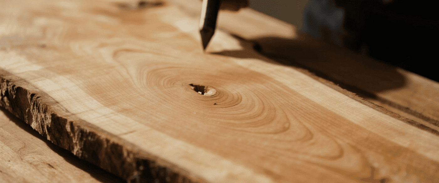 Person carving a smooth live-edge wooden slab with a chisel, highlighting its natural grain, knot, and warm honey-toned finish.