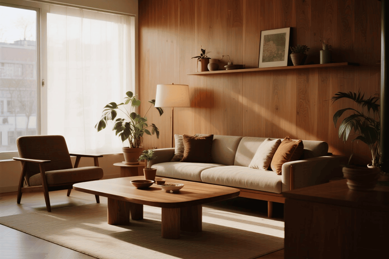 Cozy modern living room: sunlight on wood paneling, neutral sofa, warm accents, potted plants, and a low wooden coffee table.