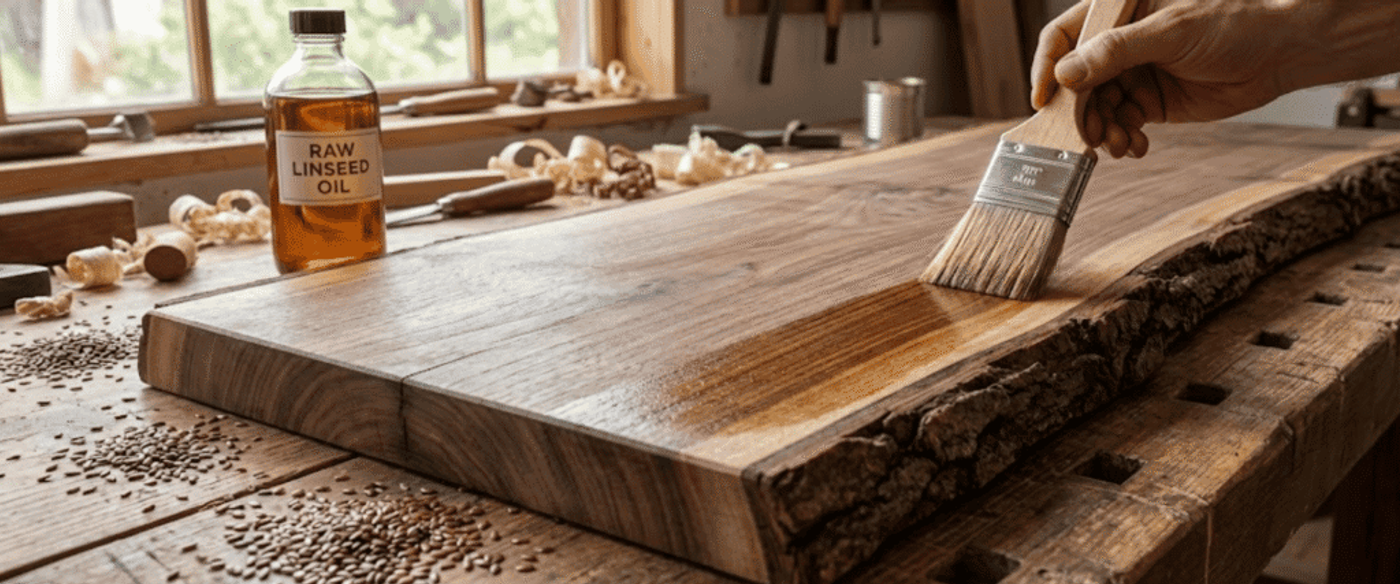 Hand brushing raw linseed oil onto a live-edge wooden board on a workshop bench, flax seeds and tools visible