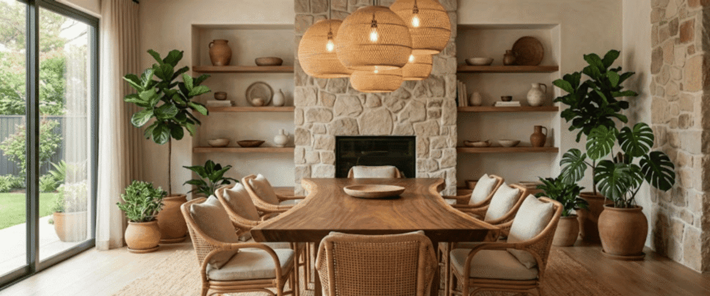 Warm, natural dining room with wooden table, rattan chairs, pendant lights, stone fireplace and potted plants