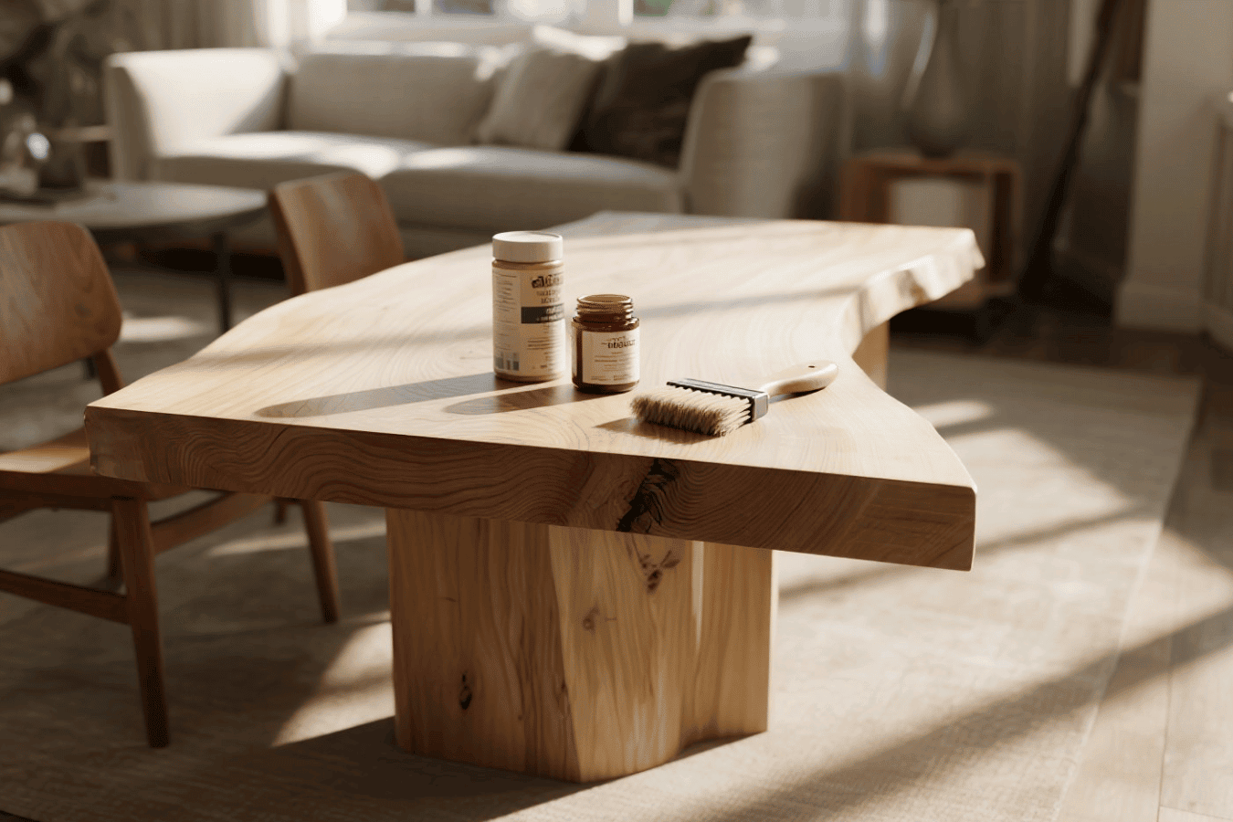 Sunlit live-edge wooden dining table with brush and finish jars on top, surrounded by chairs in a cozy, modern living room.