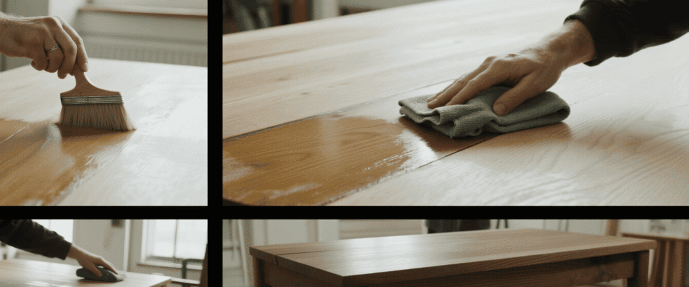 Top panel displays Rubio Monocoat single-coat application with microfiber cloth spreading product